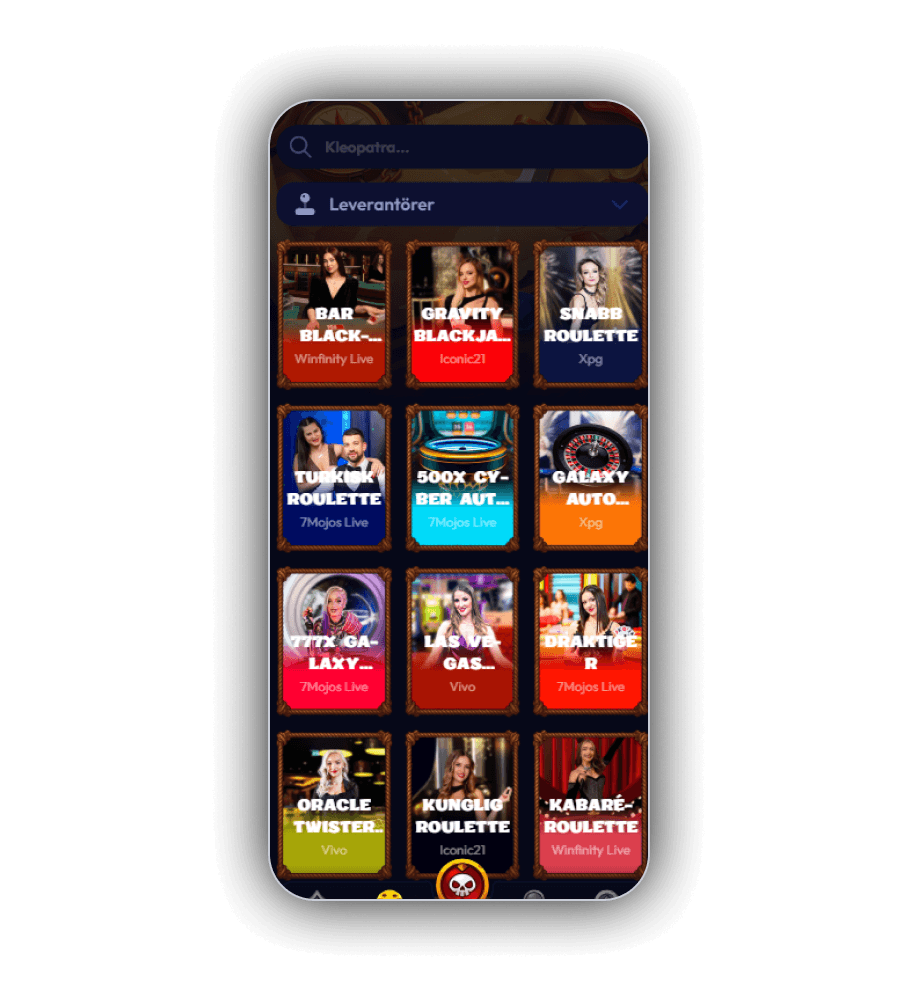 Utbudet av live casinospel hos Smash Casino visat i mobilen